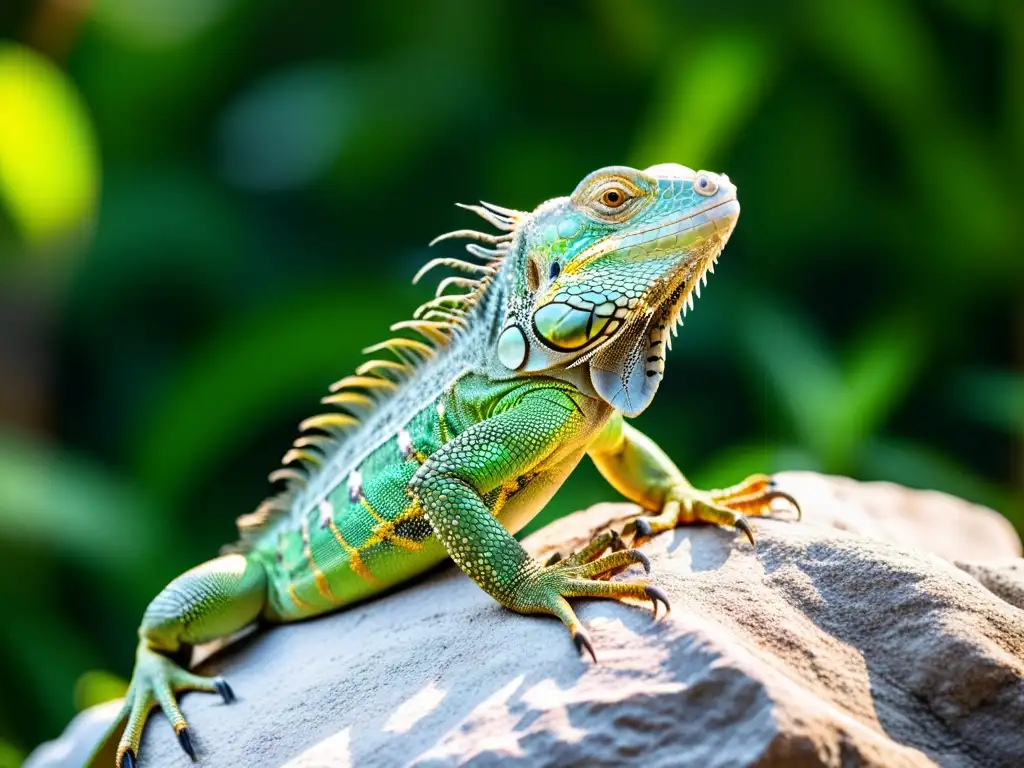 Reintroducción de especies invasoras: retrato impresionante de una iguana verde en su hábitat natural, con textura y color vibrantes