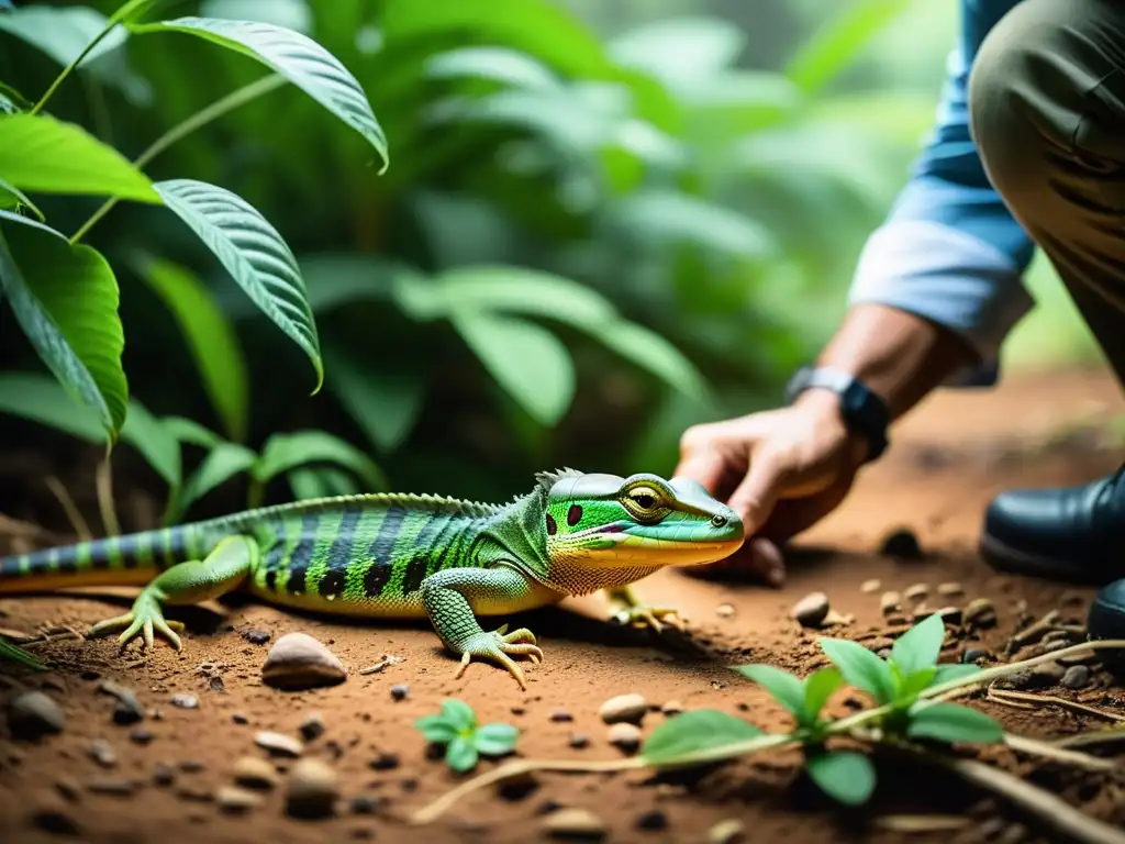 Reintroducción de reptiles: expertos en conservación liberan cuidadosamente a los reptiles criados en su hábitat natural, en un entorno exuberante