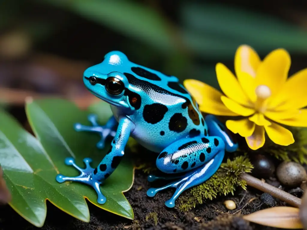 Relación simbiótica entre anfibios y hongos en el suelo: detalle asombroso de una rana venenosa colorida en un lecho de musgo vibrante