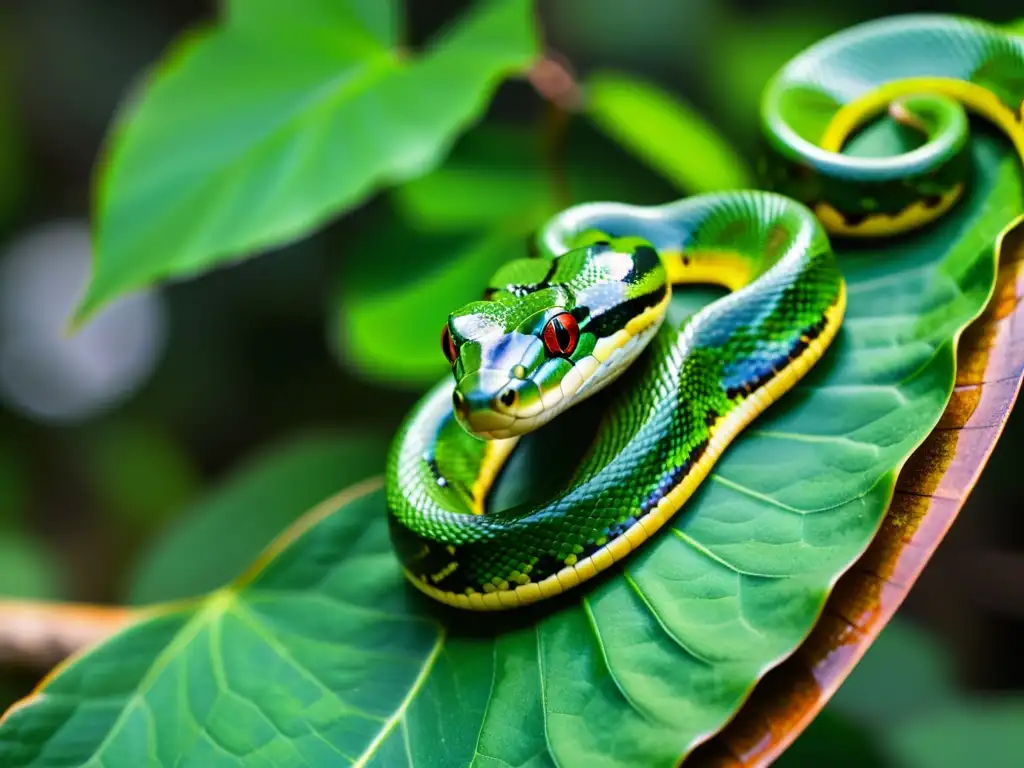 Relación simbiótica entre reptiles y plantas: Serpiente envuelta en enredadera verde en un exuberante ecosistema tropical