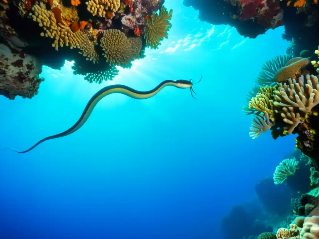 Relación simbiótica serpientes marinas coral: Un vibrante arrecife de coral, con serpientes marinas y peces entre formaciones coloridas