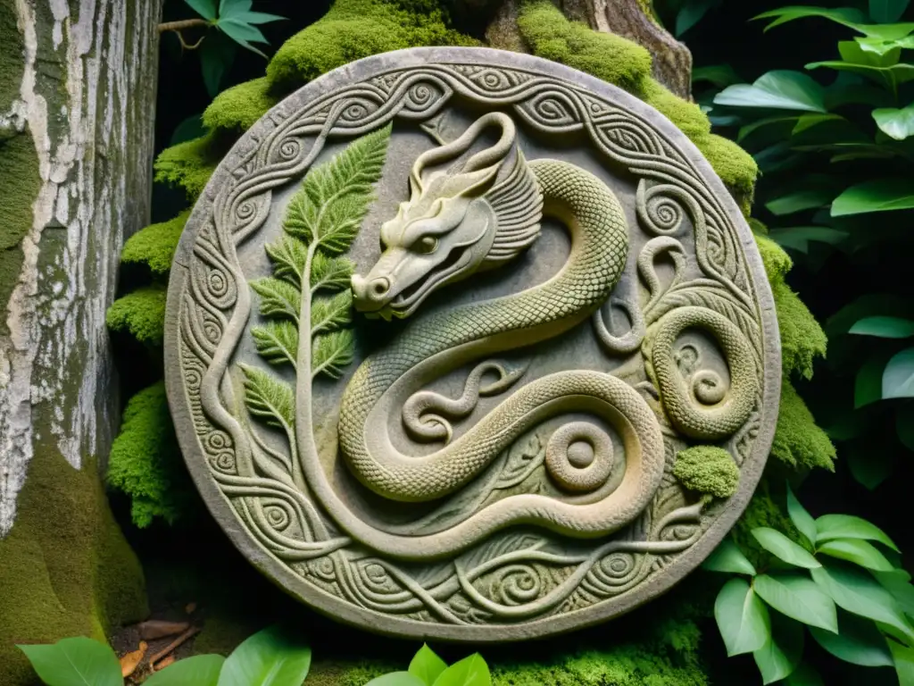 Relieve antiguo de una serpiente enroscada alrededor de un árbol, con detalles intrincados y una figura ofreciendo un sacrificio