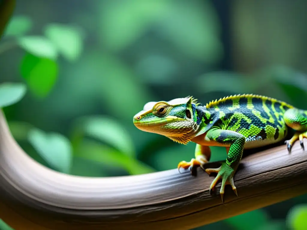 Un reptil activo y saludable se ejercita en un entorno natural con estructuras de escalada y escondites