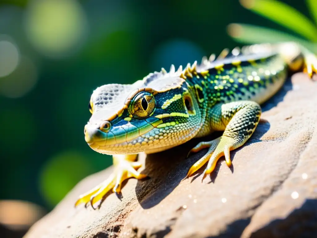 Un reptil acuático reluciente descansa en una roca al sol, sus escamas reflejan las gotas de agua