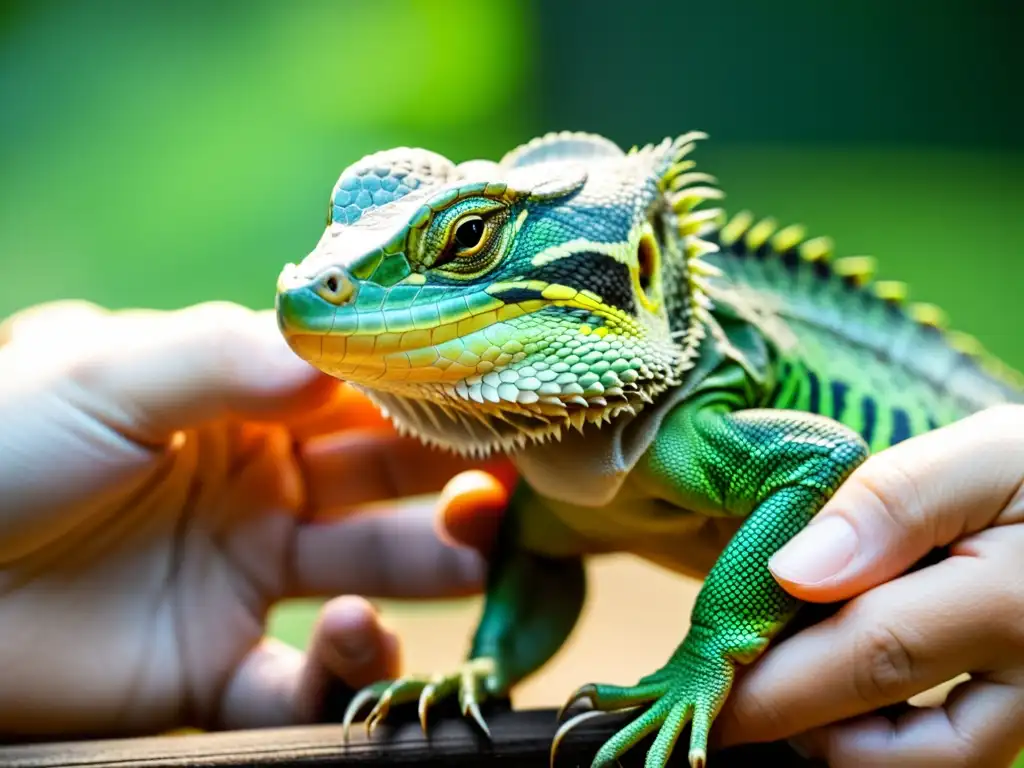 Un reptil en rehabilitación recibe apoyo nutricional y emocional de un cuidador, mostrando compasión y cuidado en el centro de rehabilitación