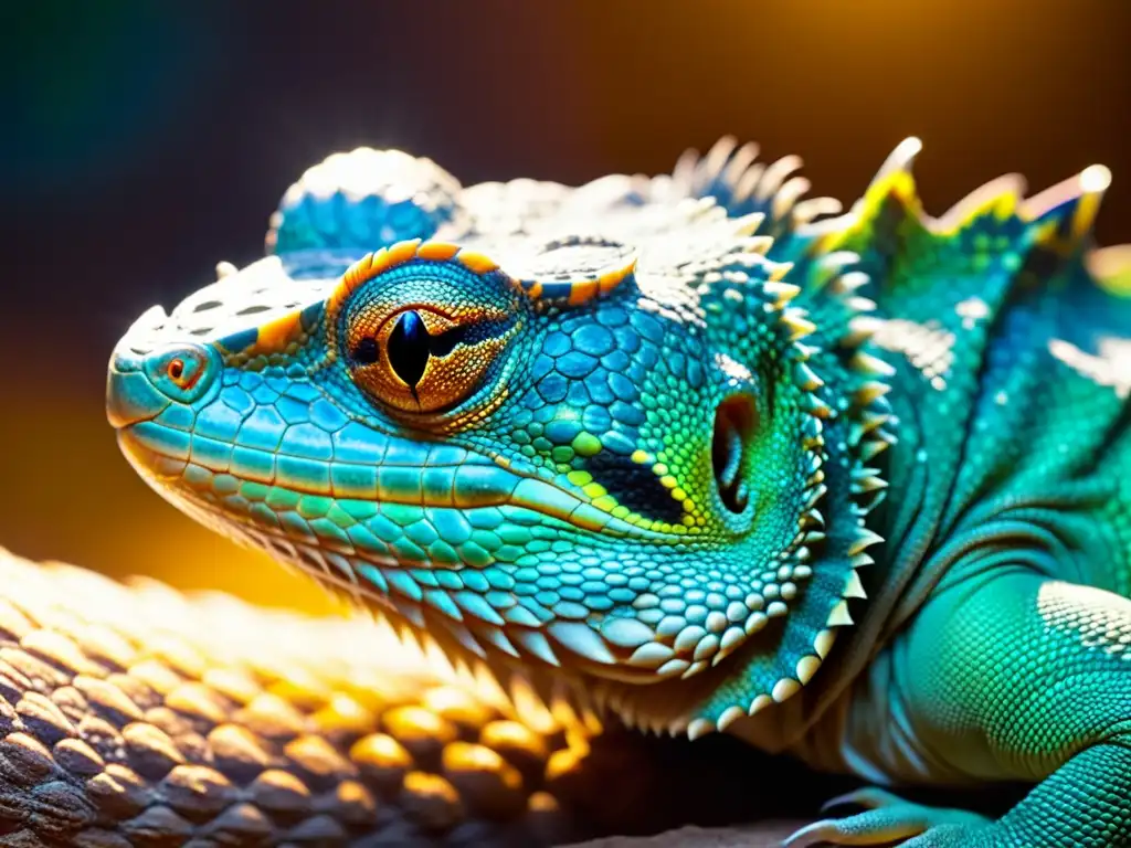 Un reptil descansando bajo una cálida iluminación UVB, revelando la belleza de sus escamas y transmitiendo bienestar