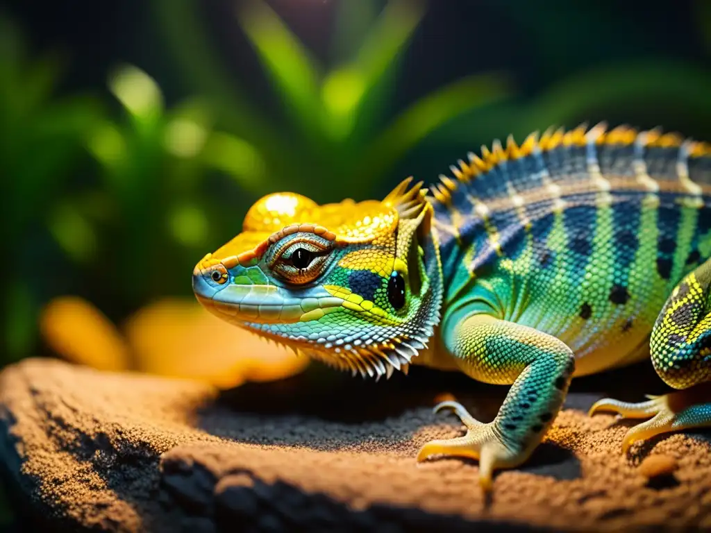 Un reptil descansa bajo la cálida luz artificial en un terrario