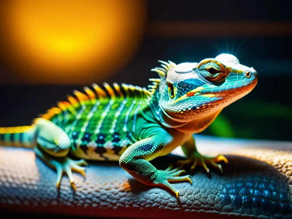 Un reptil disfrutando de la termorregulación bajo lámpara de calor en cautiverio