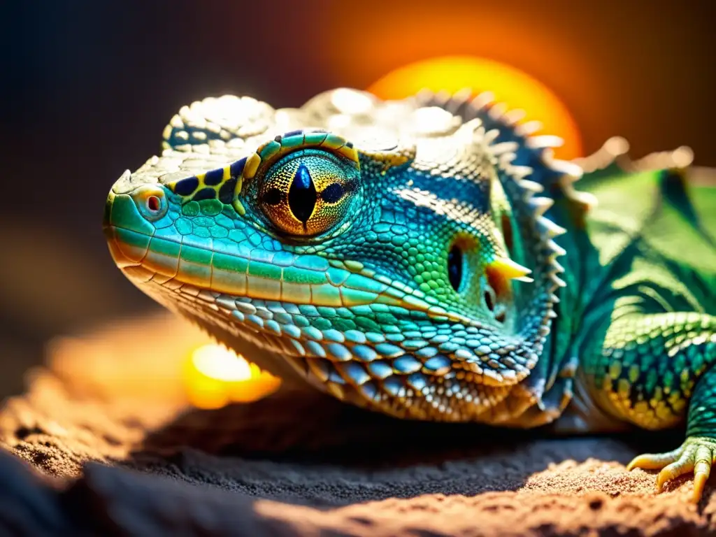 Un reptil disfruta del calor bajo una lámpara, con escamas brillantes