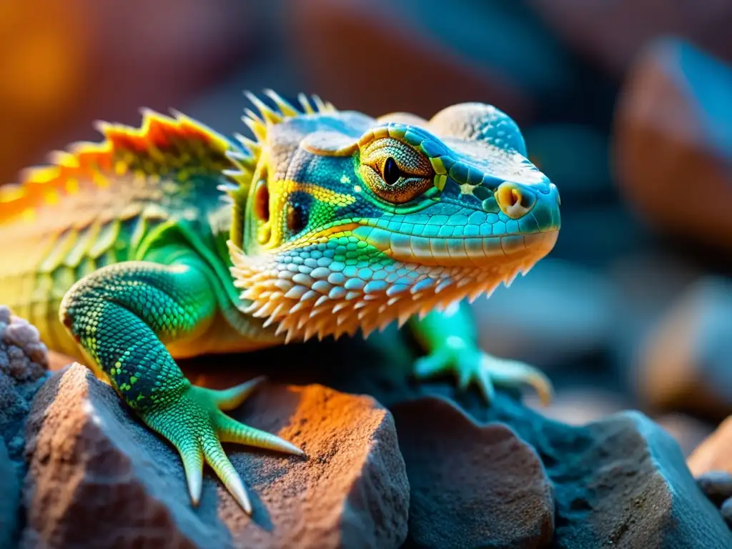 Un reptil disfruta del calor bajo una lámpara, lamiendo minerales en rocas ricas en calcio