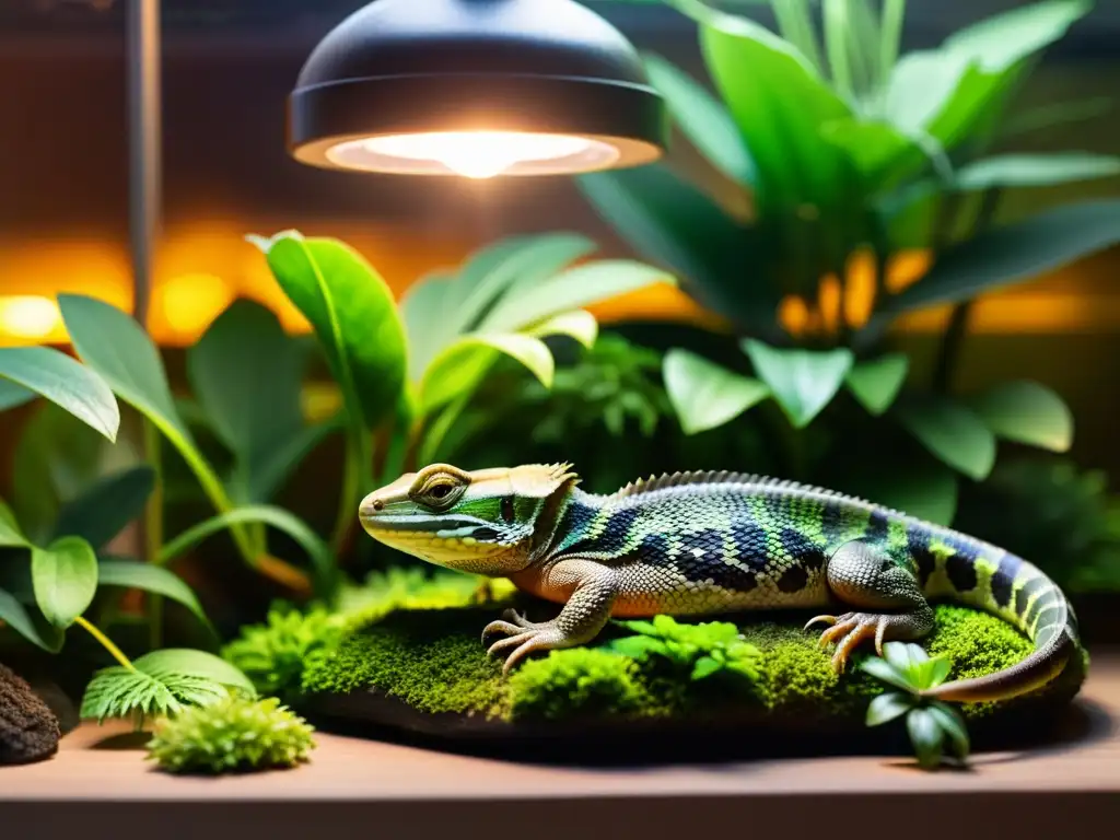 Refugio invernal: Reptil feliz bajo lámpara de calor Un reptil disfruta del calor de una lámpara en su terrario invernal, rodeado de plantas exuberantes