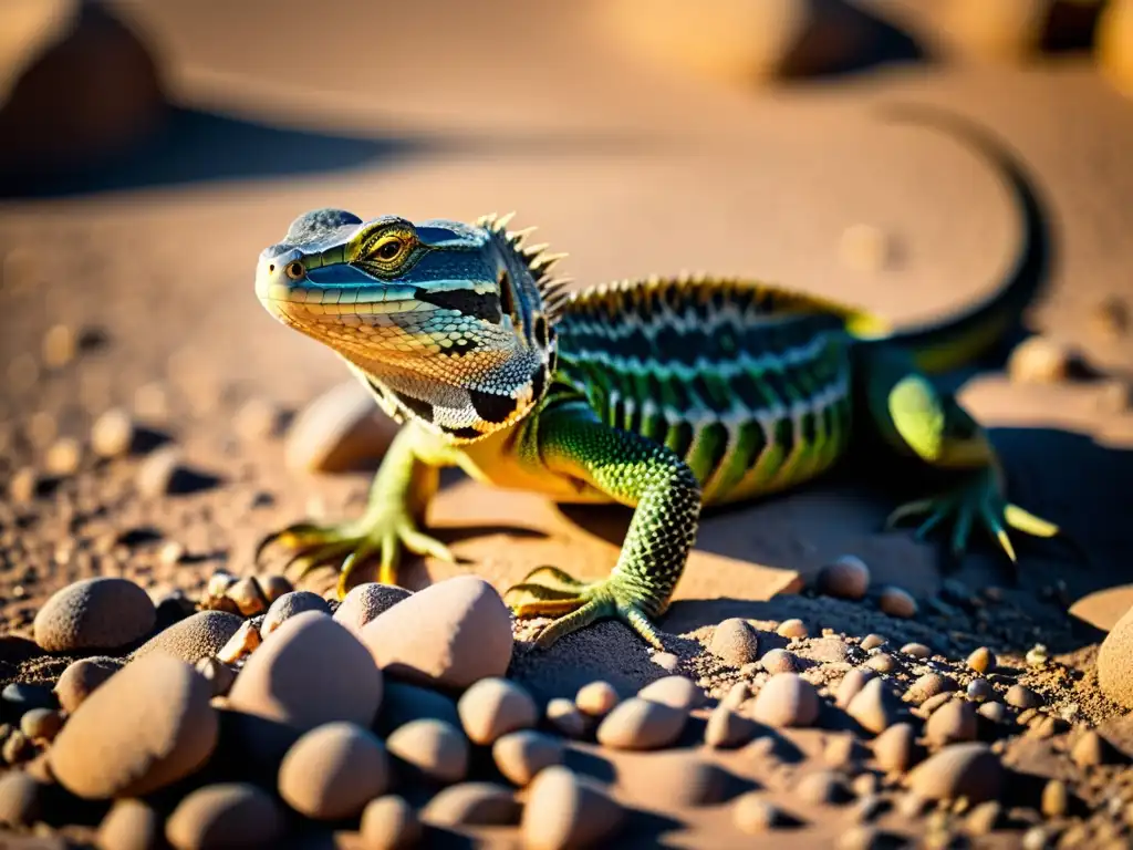 Un reptil camuflado entre rocas y arena en un paisaje desértico, mostrando su modelo de supervivencia en reptiles