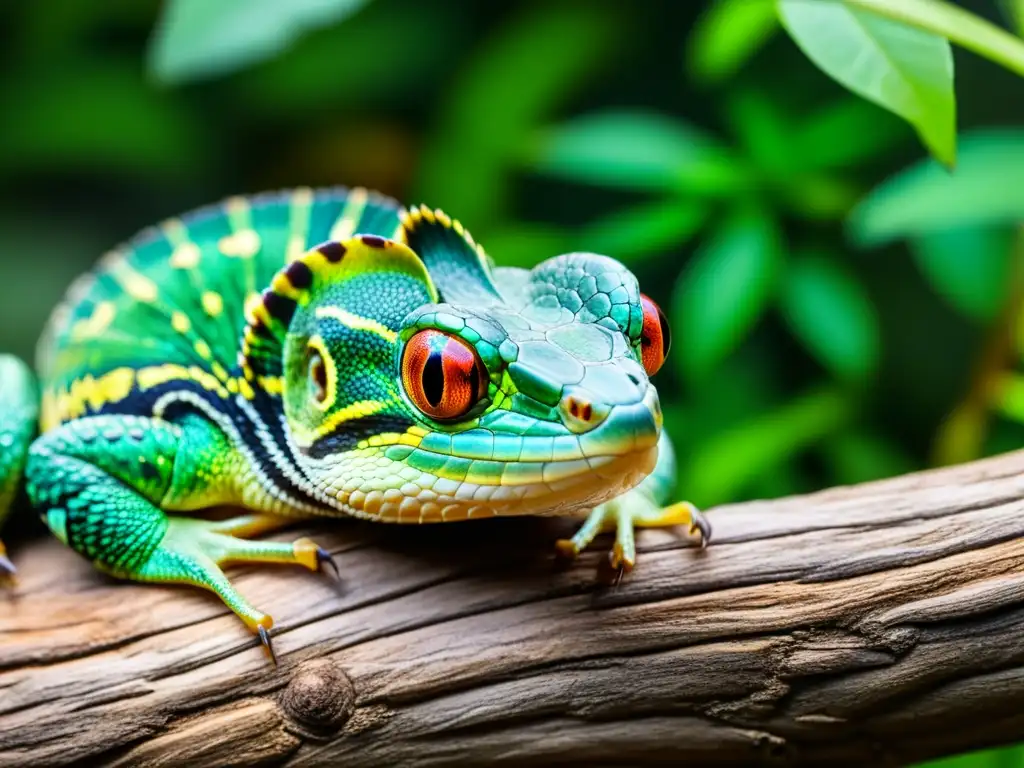 Un reptil cautivo se adapta a su nueva dieta, rodeado de insectos y verduras, en un entorno vibrante y detallado