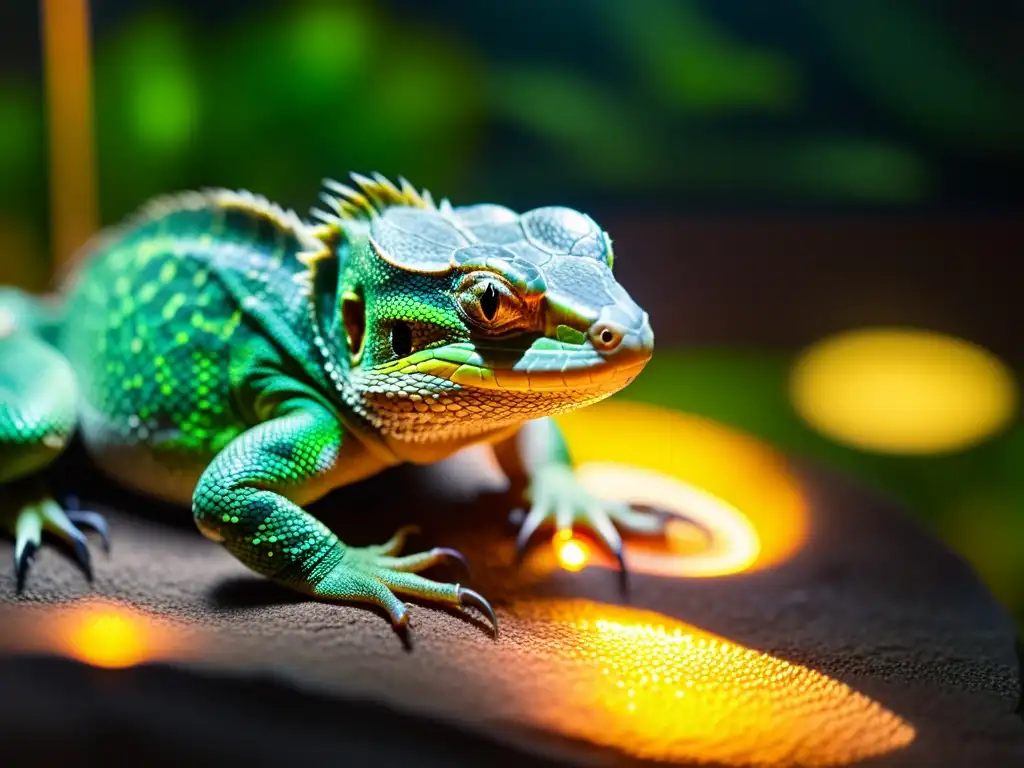 Reptil cautivo en terrario, con escamas brillantes bajo la lámpara de calor