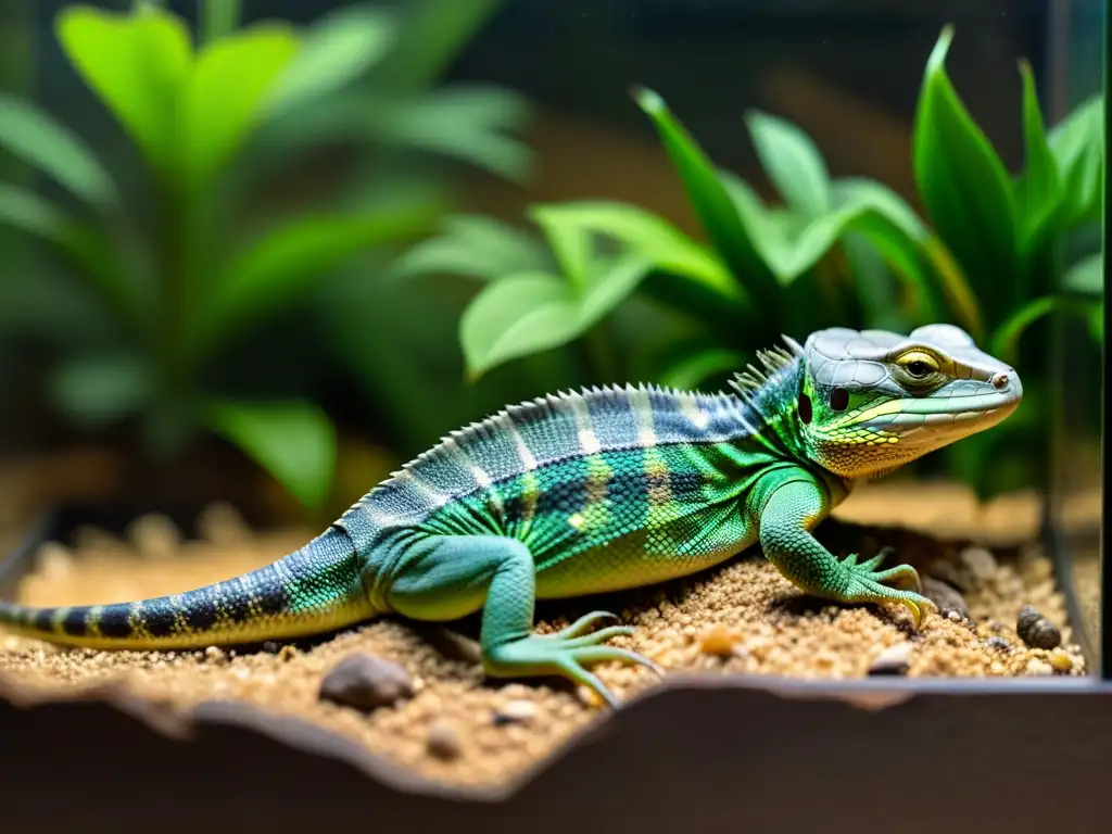 Reptil cautivo en terrario mostrando signos de estrés