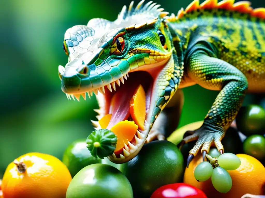 Un reptil colorido disfruta de una variedad de alimentos frescos y vibrantes, resaltando la importancia del enriquecimiento alimentario en reptiles