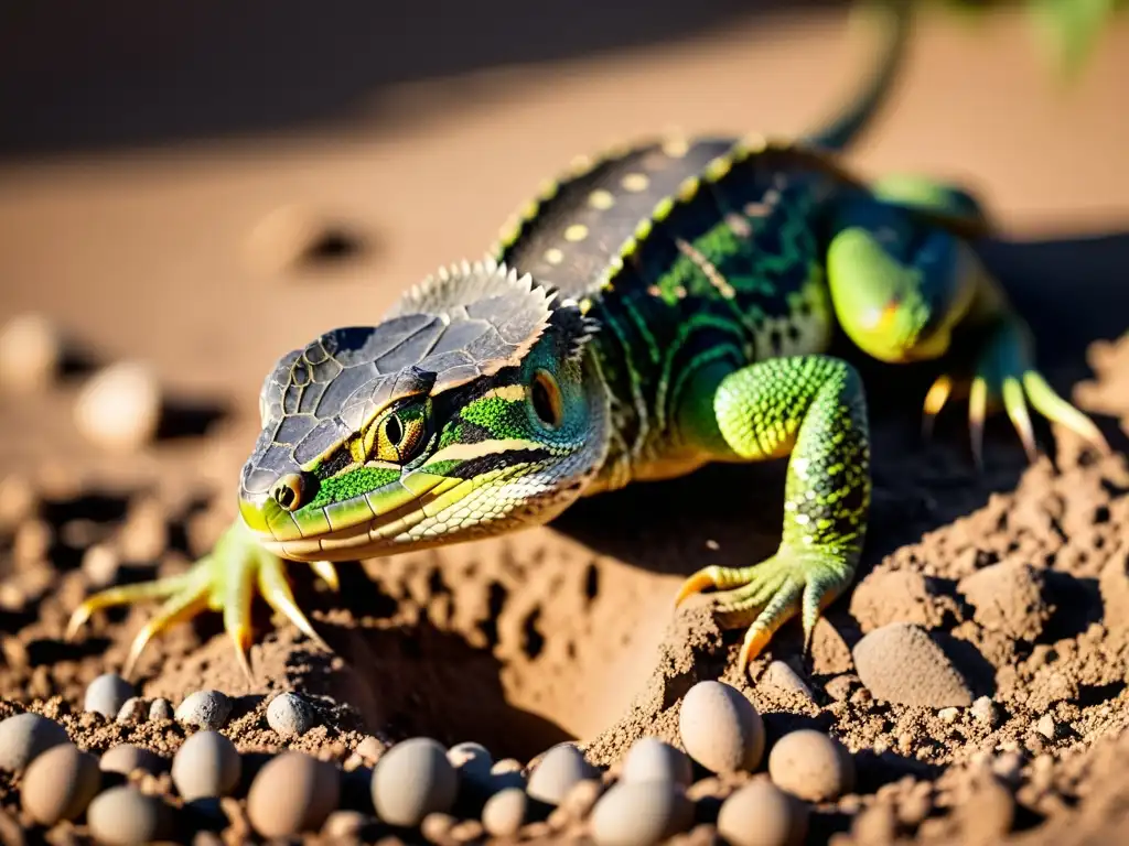 Una reptil hembra excava con cuidado un agujero en la tierra con sus garras delanteras, lista para poner sus huevos