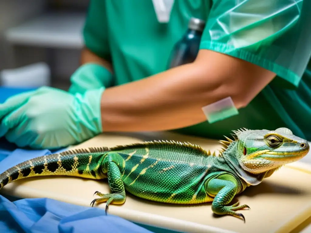 Un reptil recibe cuidados postoperatorios tras una laparotomía, en una imagen detallada