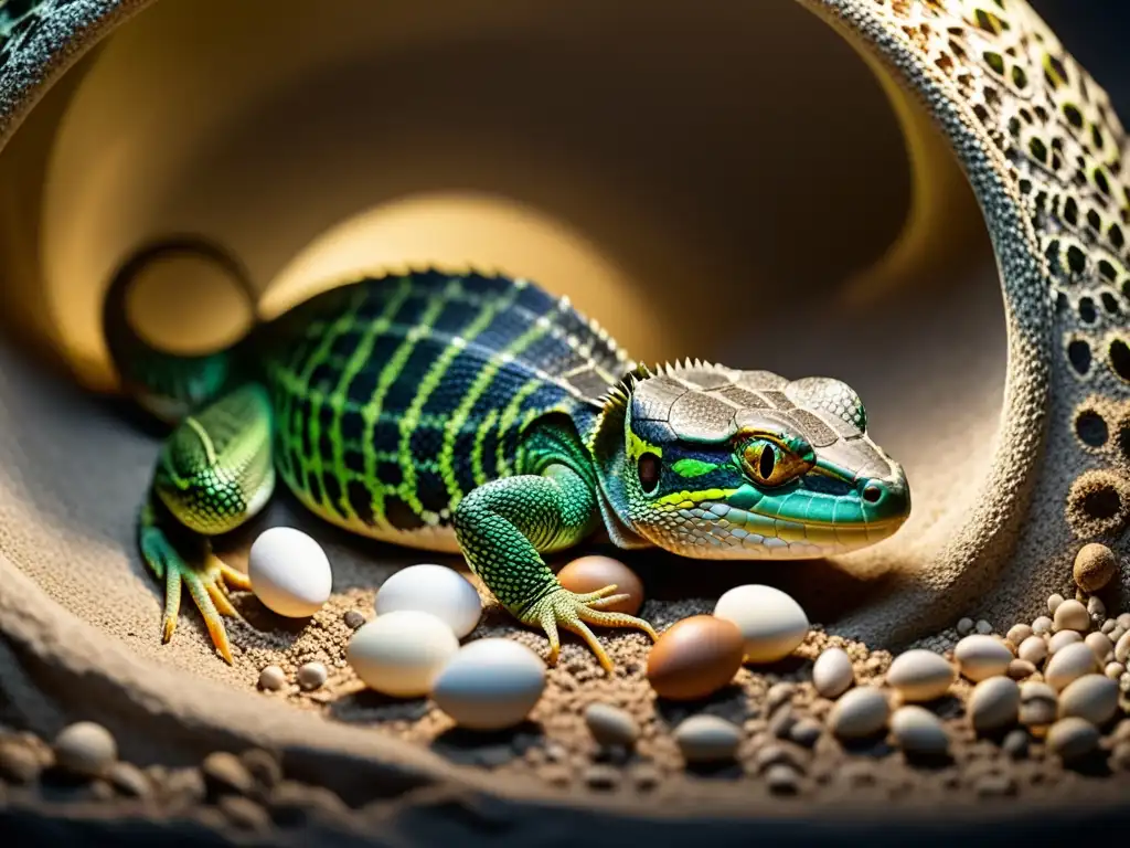 Reptil hembra cuidadosa anidando sus huevos en cautiverio