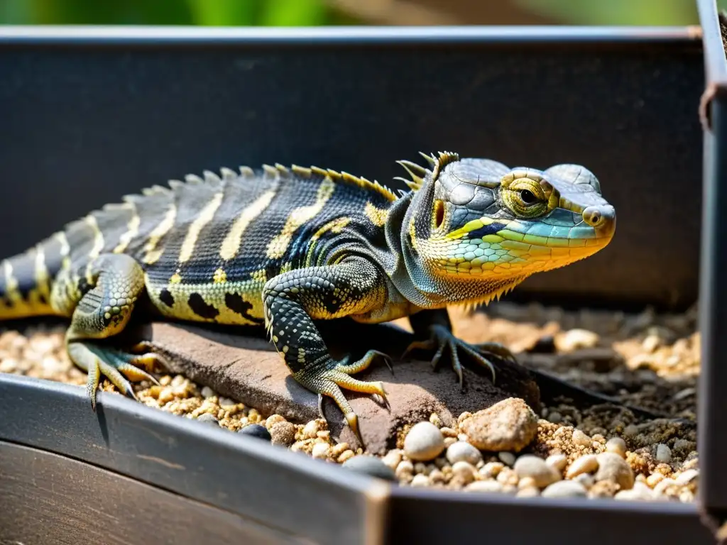 Reptil descuidado en entorno sucio y maltratado, mostrando consecuencias legales del maltrato animal