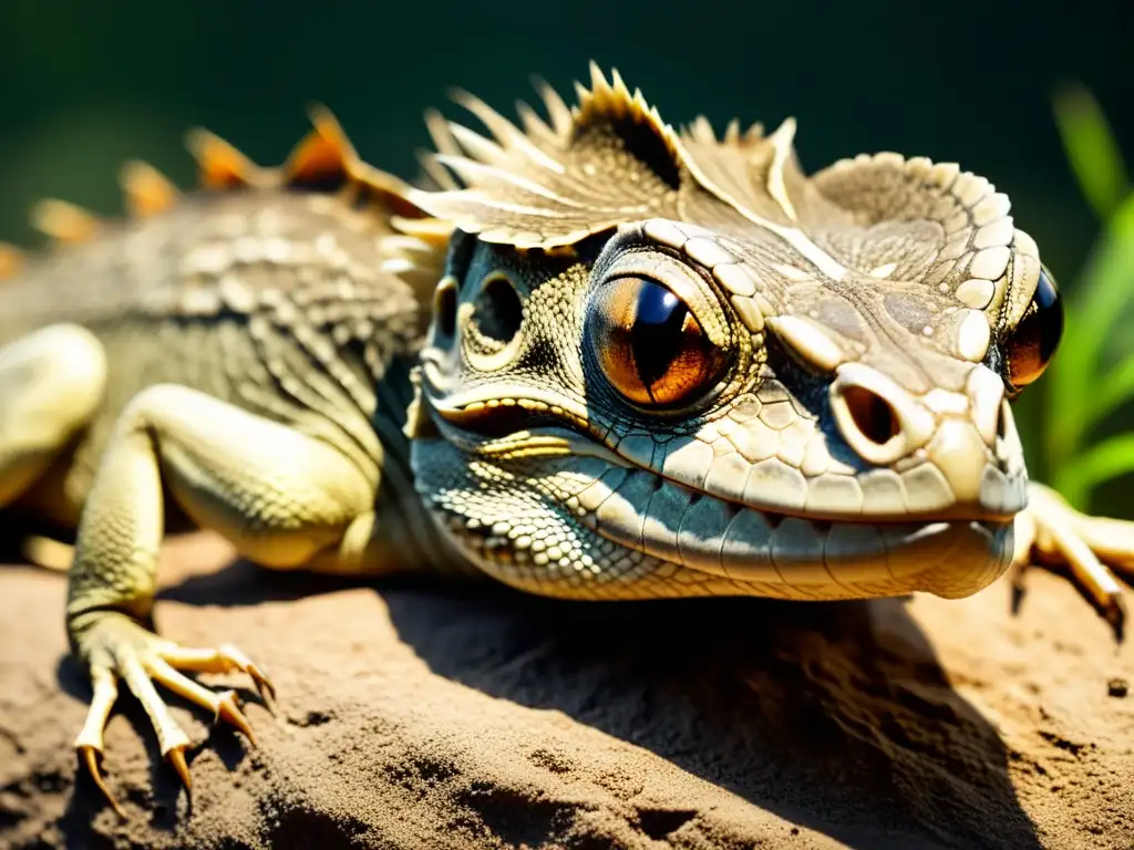 Reptil deshidratado y desnutrido yacente en vegetación seca