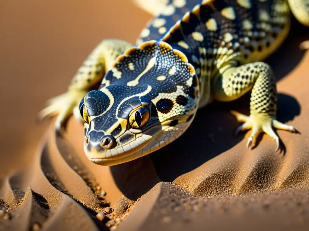 Un reptil del desierto, con escamas brillantes, se entierra en la cálida arena