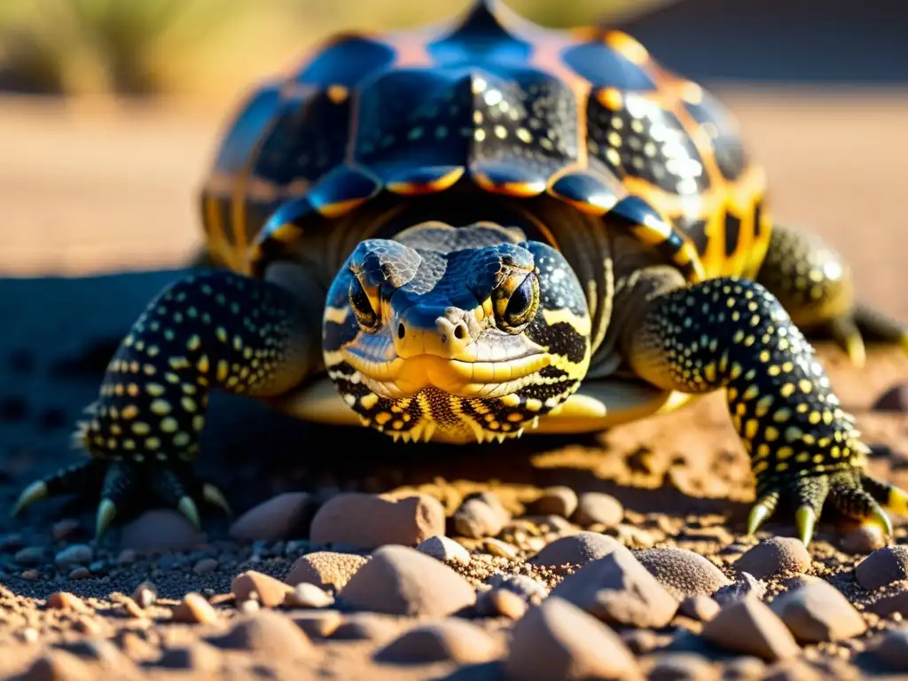 Un reptil del desierto se acerca cautelosamente a una fuente de agua en un paisaje árido, mostrando estrategias de hidratación