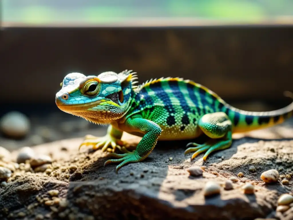 Reptil desnutrido y descuidado en un hábitat desolado, resalta la urgencia de la legislación hábitat reptiles domésticos