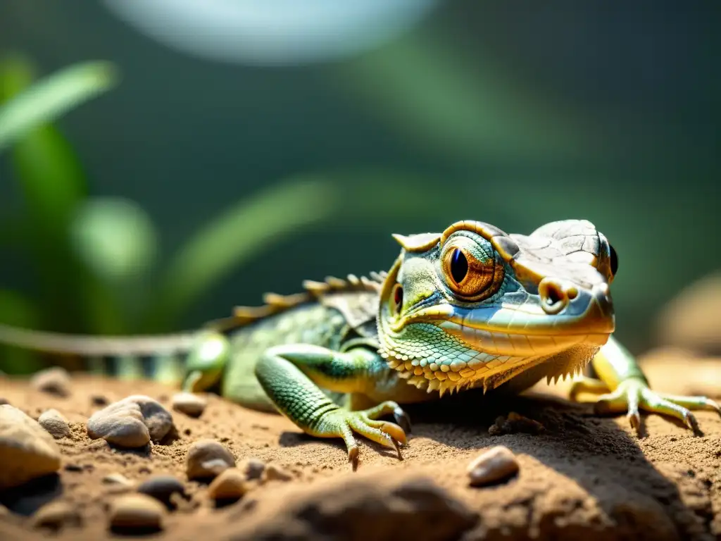 Reptil desnutrido con huesos visibles y ojos hundidos en su hábitat natural