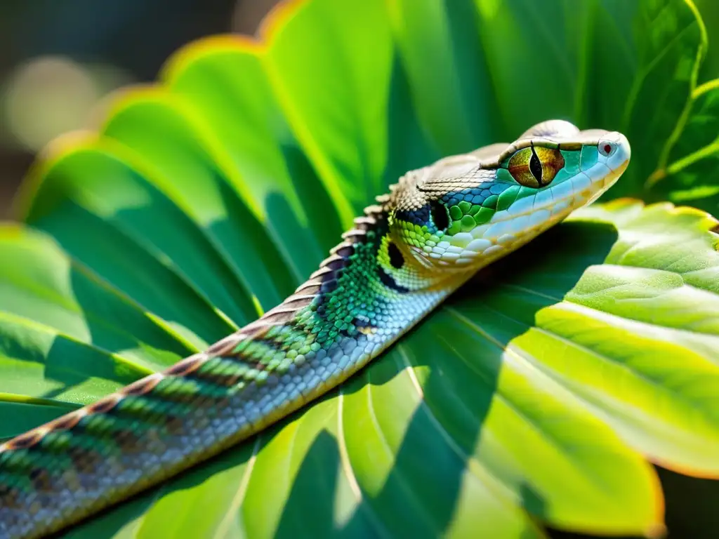 Reptil discapacitado descansando en hojas verdes, mostrando su hermosa escama y necesidades de cuidados especiales reptiles discapacidades