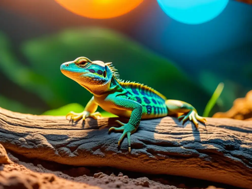 Un reptil disfrutando de la iluminación UVB en un entorno natural, mostrando sus detalladas escamas y colores vibrantes