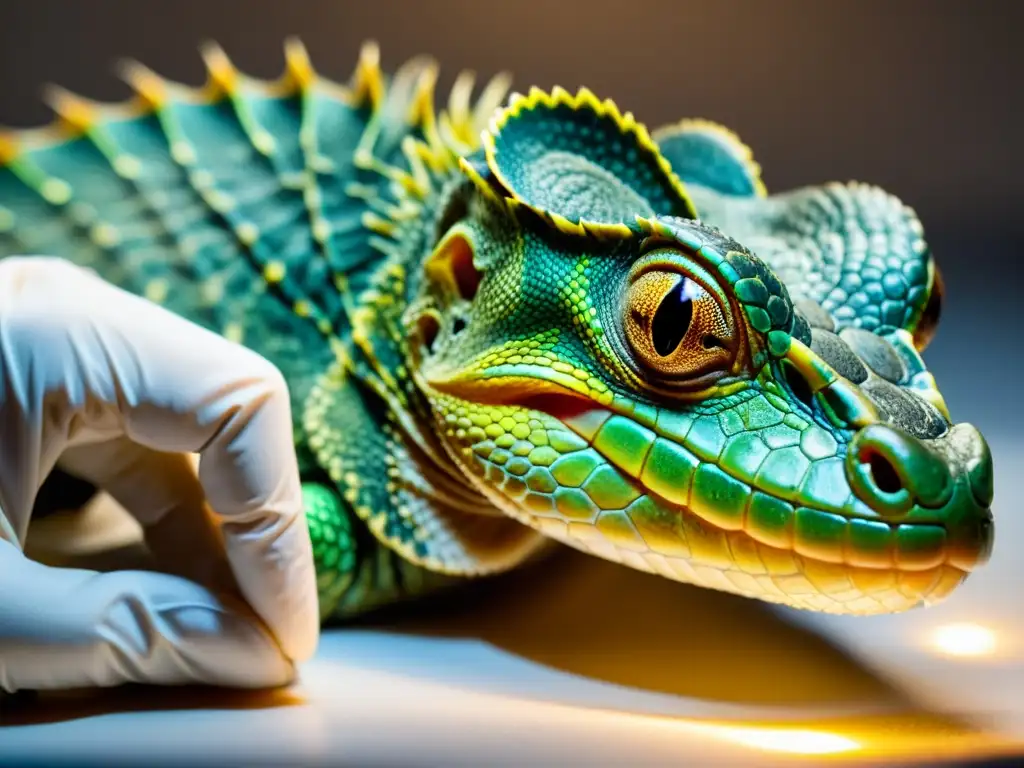 Un reptil en examen veterinario muestra su cloaca detalladamente, para ilustrar prevención y tratamiento del prolapso cloacal