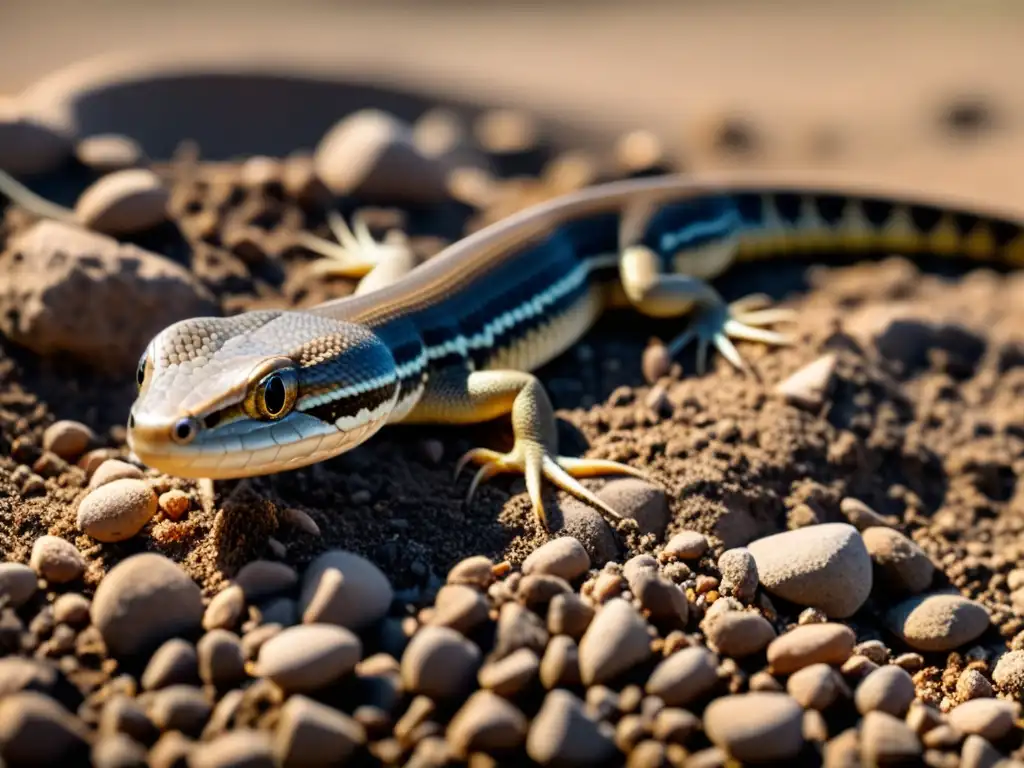 Un reptil fosorial se desplaza en el suelo, mostrando sus patrones y adaptaciones únicas