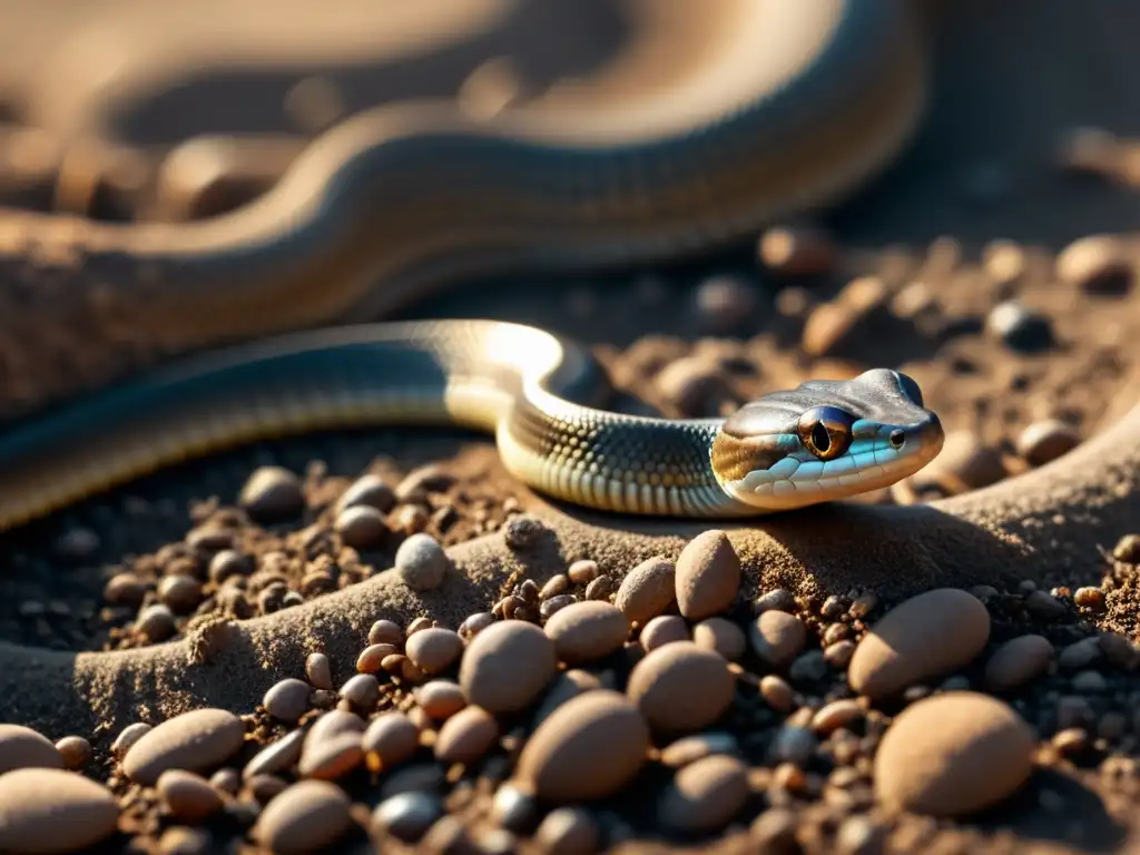 Un reptil fosorial se desliza sinuosamente bajo tierra, con sus escamas brillantes captando la tenue luz