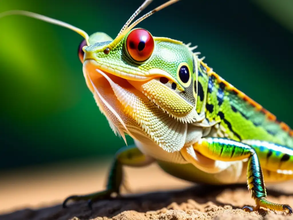 Un reptil captura un grillo en el aire con su lengua, mostrando escamas iridiscentes y detalle en alas del grillo