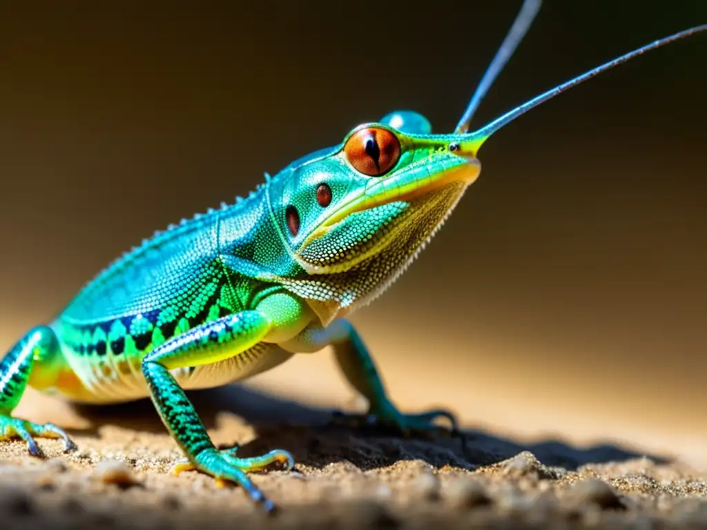 Reptil capturando un grillo, detallando sus escamas iridiscentes y la precisión de su lengua en movimiento