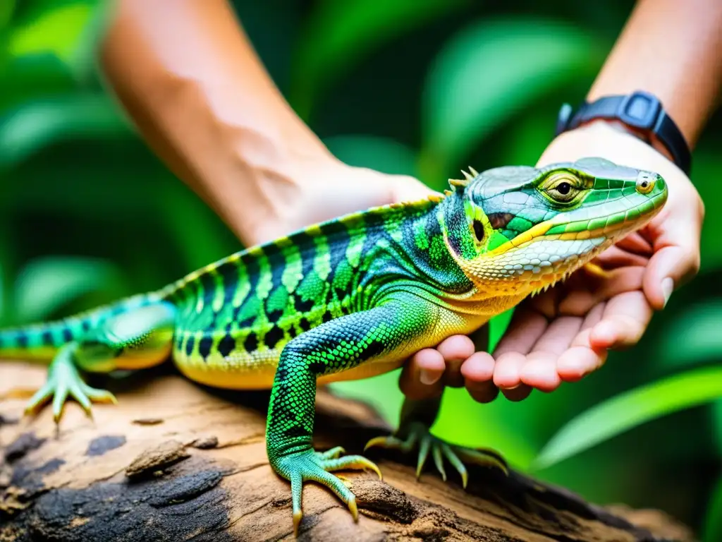 Reptil en su hábitat natural siendo liberado por un conservacionista