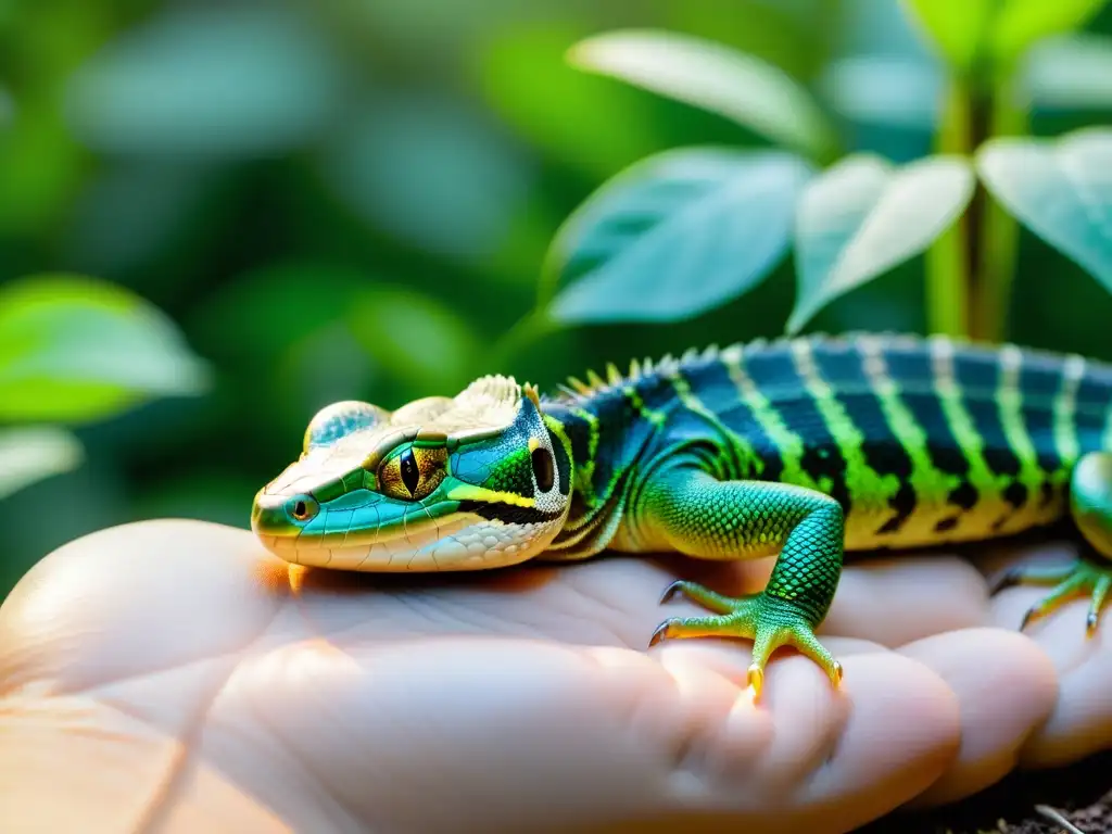 Un reptil en su hábitat natural es monitoreado con tecnología de salud remota, mostrando sensores detallados y una interfaz digital