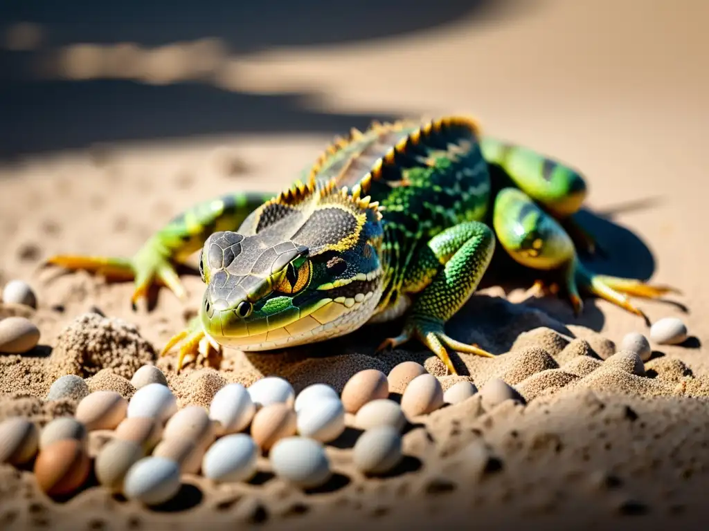 Reptil hembra enterrando sus huevos con precisión en la arena, revelando técnicas secretas de nidificación en reptiles