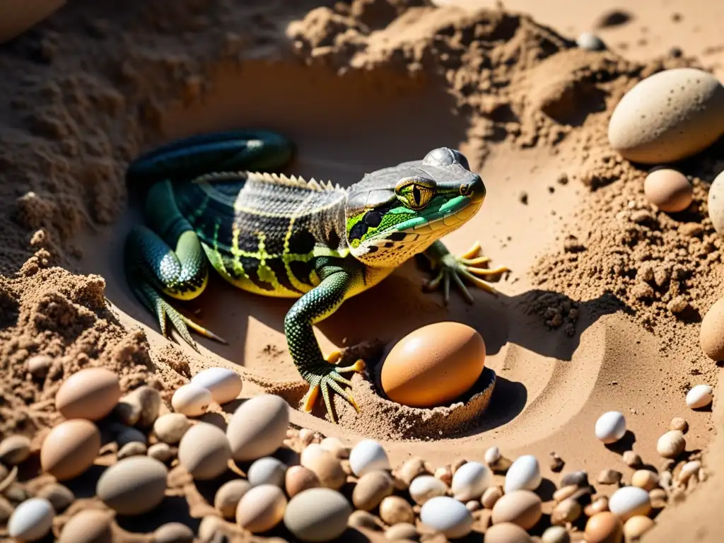 Reptil hembra cuidadosamente enterrando sus huevos en la cálida tierra arenosa, en medio de cambios en los ciclos de vida de reptiles