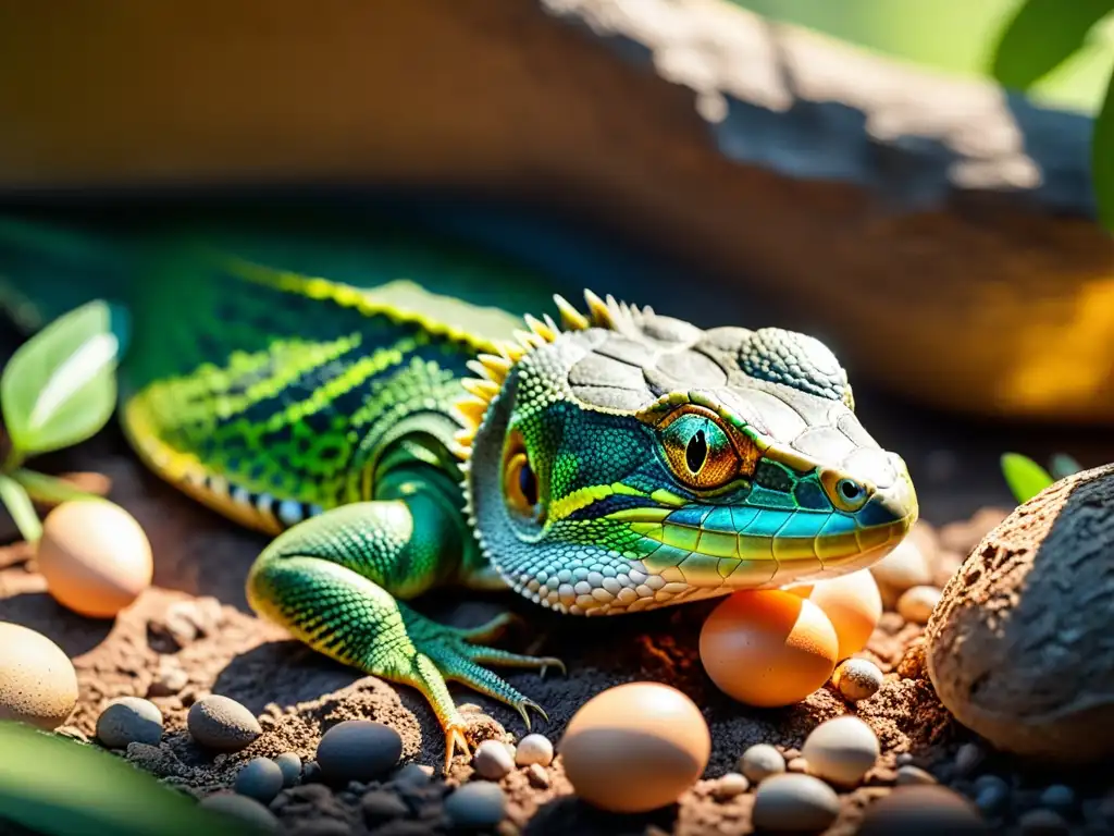 Una reptil hembra cuida sus huevos en cautividad, demostrando el enriquecimiento ambiental en la reproducción de reptiles