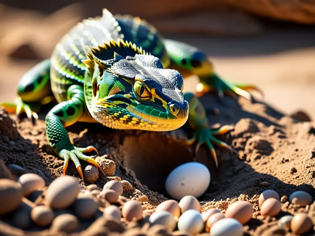 Reptil hembra entierra cuidadosamente sus huevos, mostrando estrategias reproductivas en reptiles en su hábitat natural