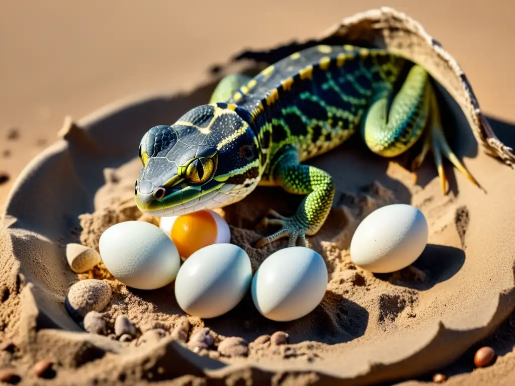 Reptil hembra cuidadosamente depositando huevos en nido arenoso