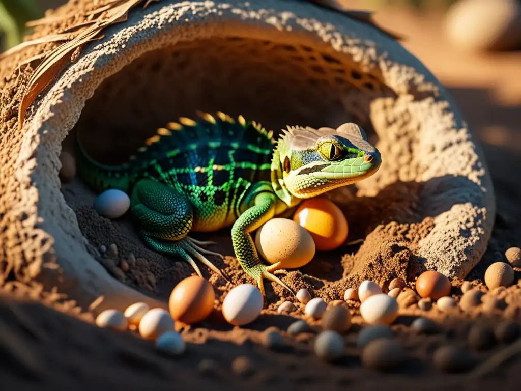 Una reptil hembra pone huevos en un nido subterráneo iluminado por la luz del sol