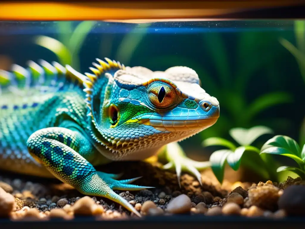 Un reptil disfruta de la iluminación ideal en su terrario, con sus escamas brillantes y los ojos cerrados en tranquilidad