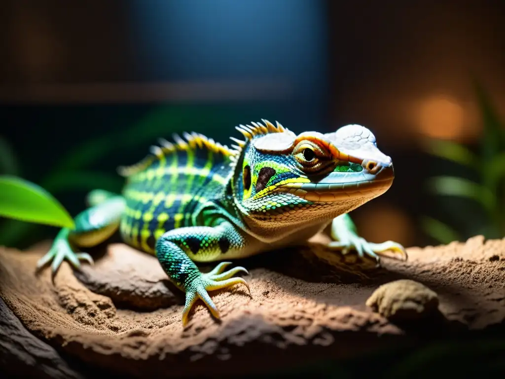 Un reptil iluminado bajo foco en terrario, mostrando textura escamosa