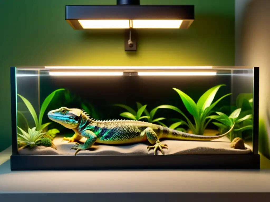 Un reptil bajo la iluminación LED, mostrando impacto de la iluminación LED en reptiles en su hábitat