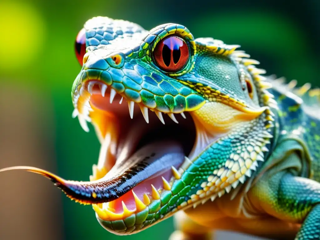 Un reptil caza a un insecto con su lengua, mostrando la intensidad de su mirada y la textura de sus escamas