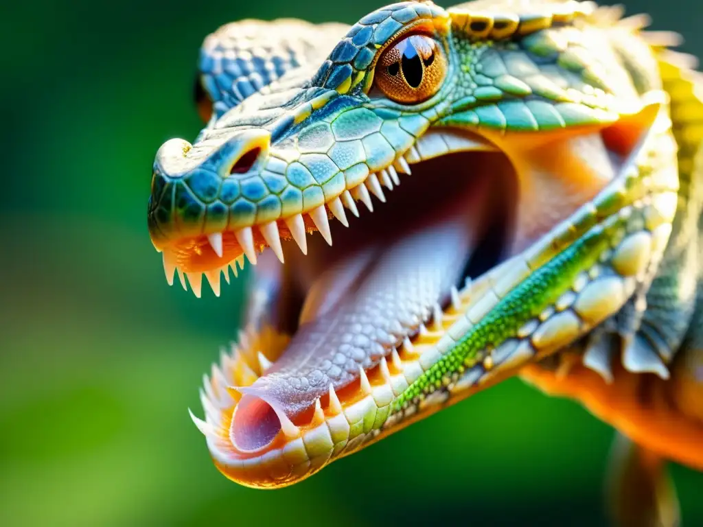 Un reptil capturando un insecto con su lengua, destacando las texturas de su piel y el manejo de alergias alimentarias en reptiles