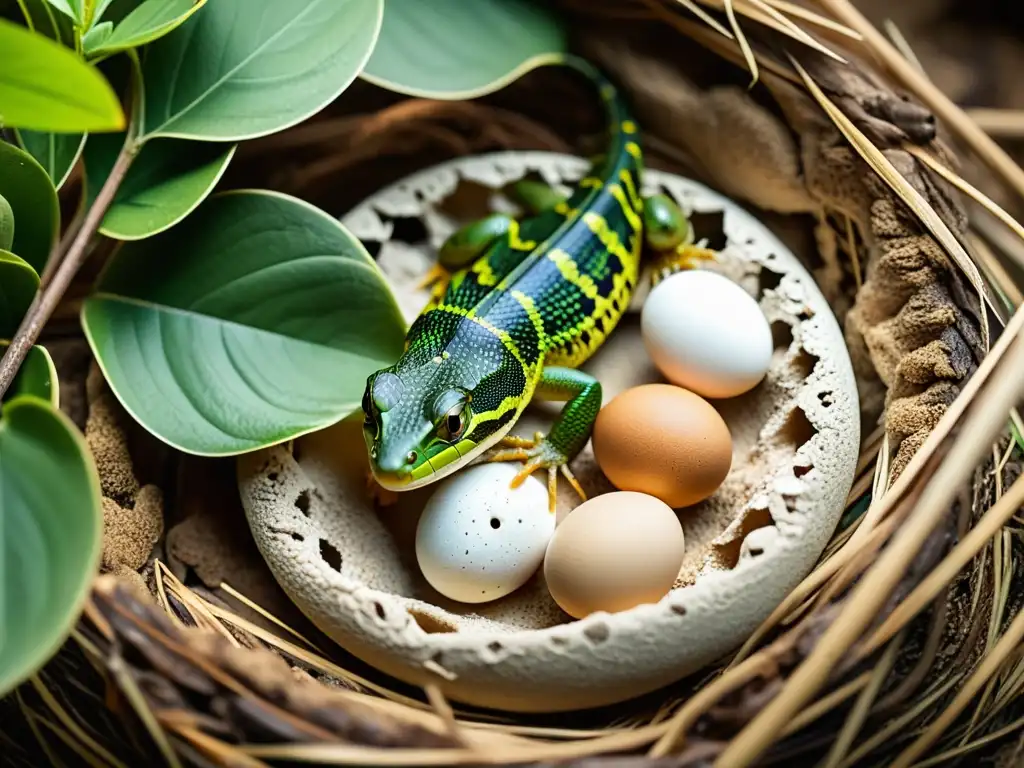 Una reptil hembra inspecciona y organiza cuidadosamente su nido de huevos en un entorno natural